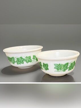 Vintage Hazel Atlas Milk Glass Green Ivy Mixing Bowls 6" & 7" Nesting Set Of Two